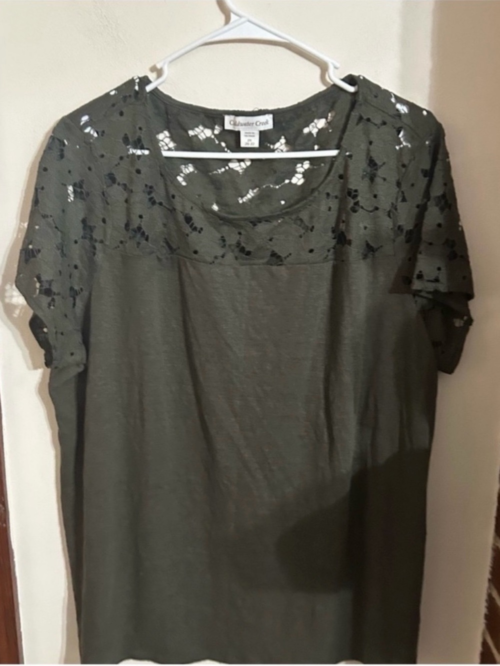 Coldwater Creek Size 2x Olive Green Short Sleeve Lace Yoke Top